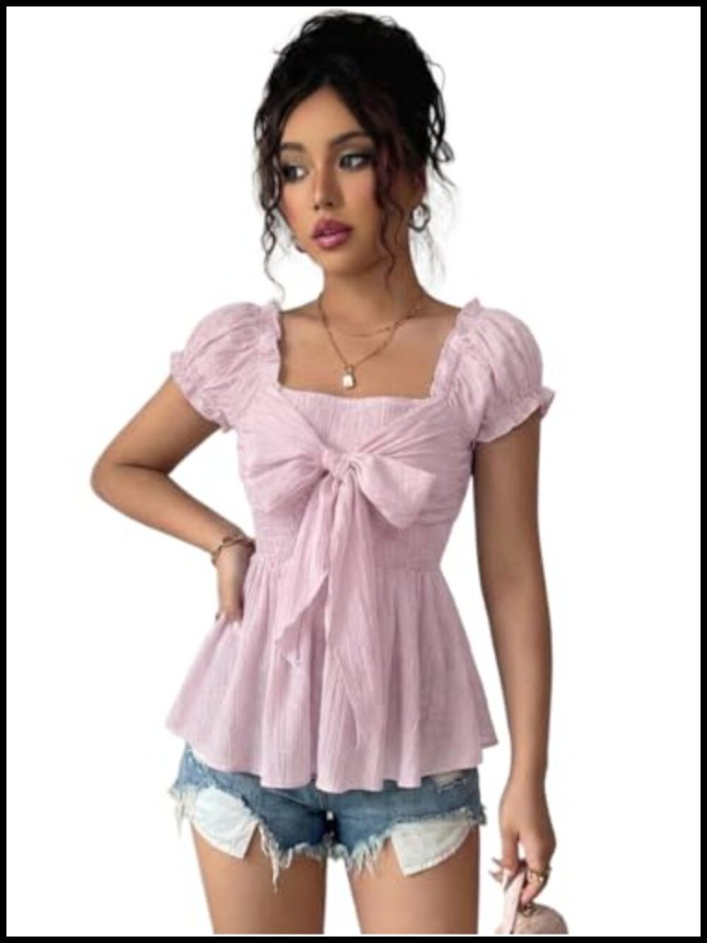 Babydoll Peplum Top Women Puff Sleeve Square Neck Bow Front Empire Waist Blouse